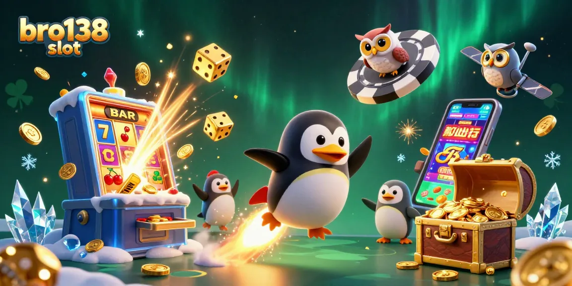 Experience the thrill of bro138 slot with a golden penguin navigating a jackpot-filled casino space adventure!