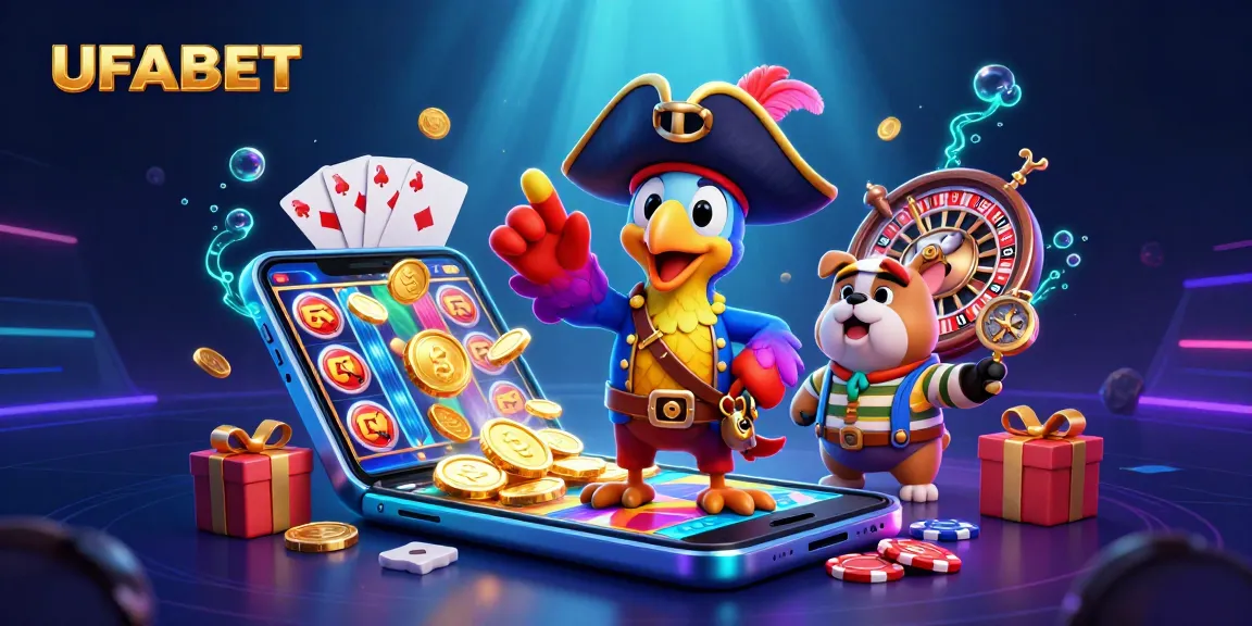 Bet on UFABET with an energetic illustration showcasing a pirate captain, bulldog, and navigator amidst vibrant casino elements.