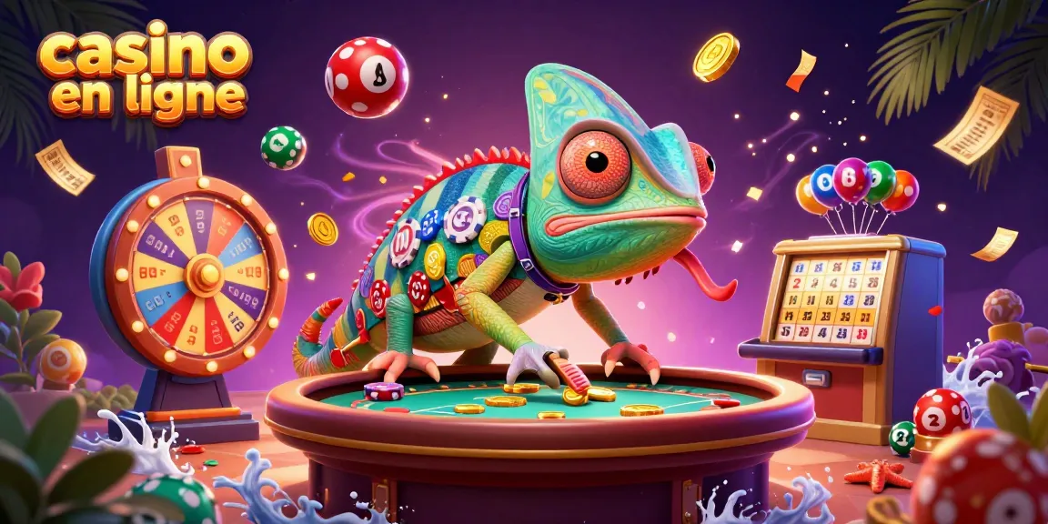Illustration d'un casino en ligne avec un caméléon propriétaire attrapant des pièces d'or et des éléments de loterie.