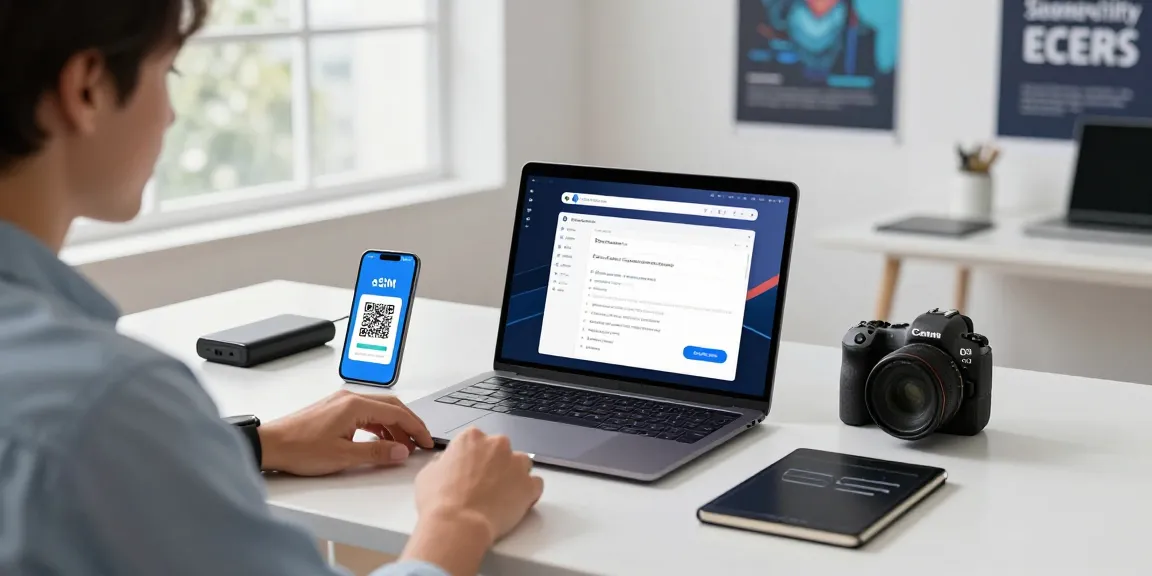 Professionnel utilisant un ordinateur portable pour commander eSIM, ambiance moderne de bureau.