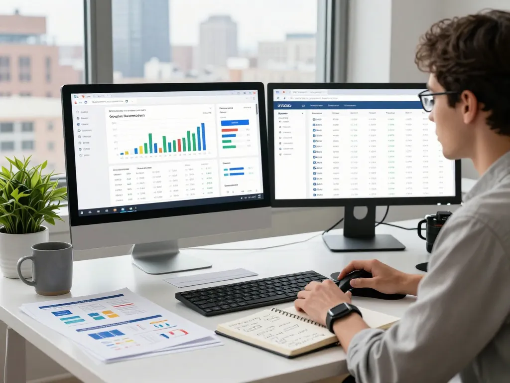 SEO specialist analyzing metrics at NYC SEO Company workspace, showcasing productivity and innovation.