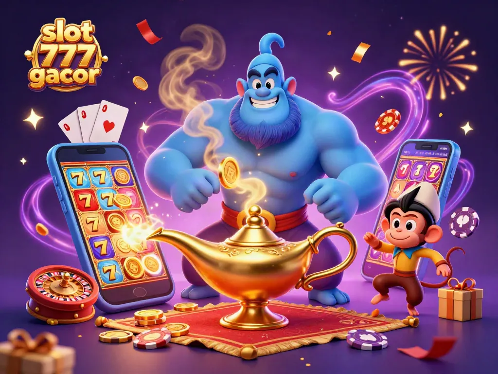 Aktifkan slot 777 gacor dengan genie yang bersemangat dan teman di latar magis penuh perjudian.