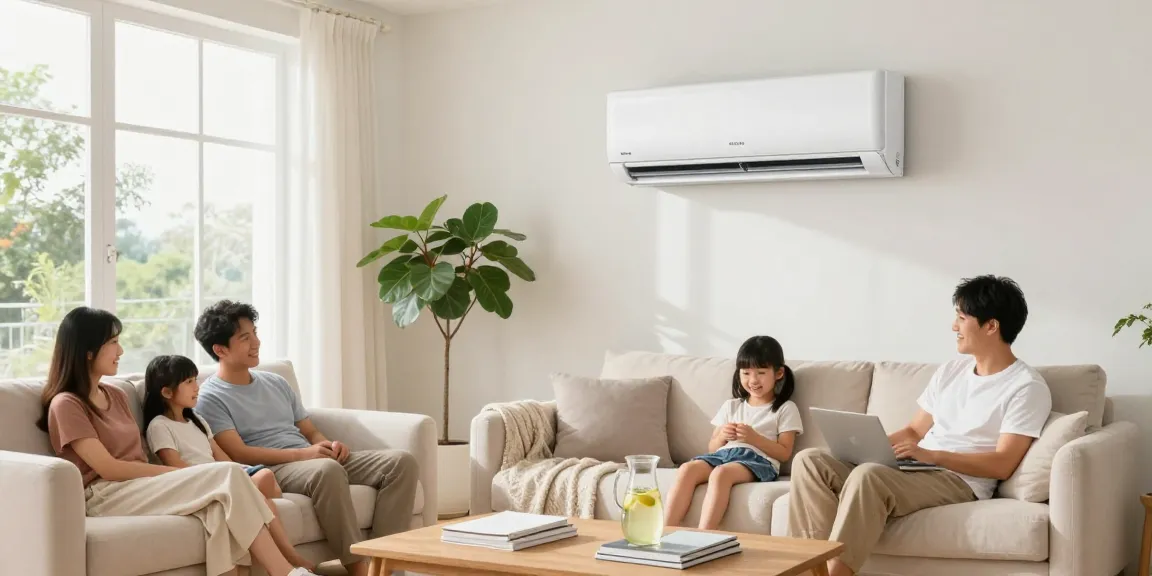 Family enjoying a summer day inside a modern living room with an 18000 BTU mini split unit mounted on the wall for cooling.