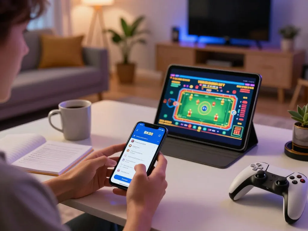 Engaging with the BK88 mobile app for online gaming in a cozy home setting.