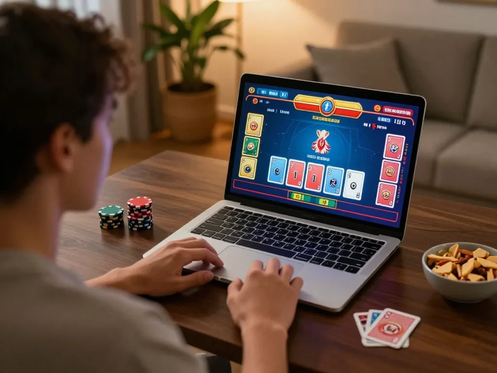 8xx online gambling experience with a cozy setup, player engaged in live dealer game.