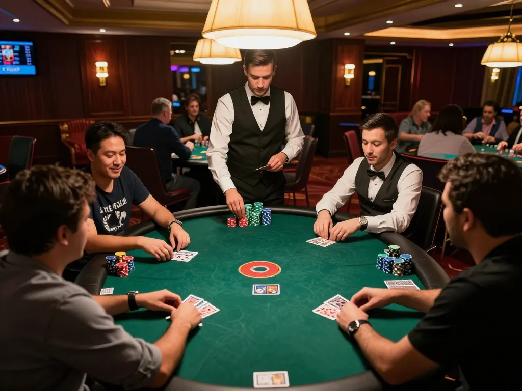 Boca Raton Construction Litigation Lawyer in a vibrant casino atmosphere, focused players engaged in strategic poker gameplay.