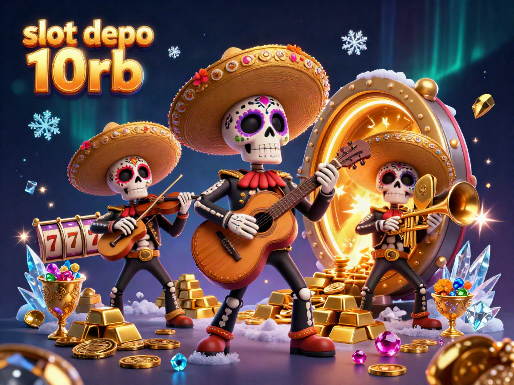Spin slot depo 10rb with vibrant skeleton mariachi band amidst jewels and gold in 3D.