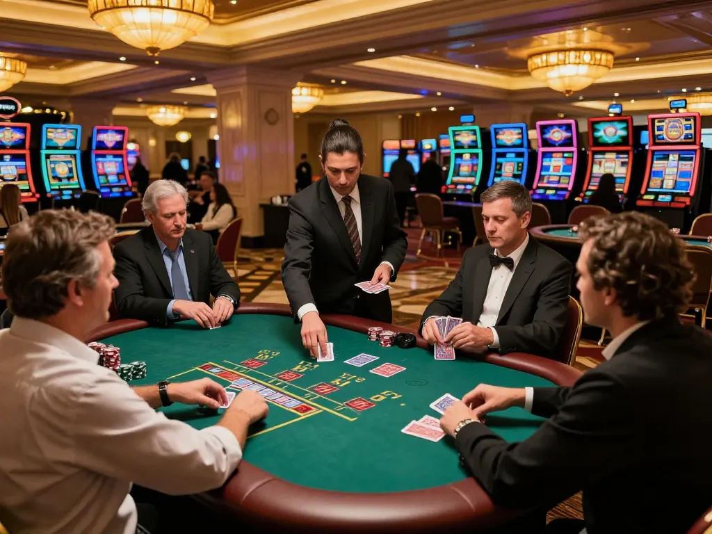 Engaging blackjack gameplay at thabet casino, highlighting players and dealer in action.