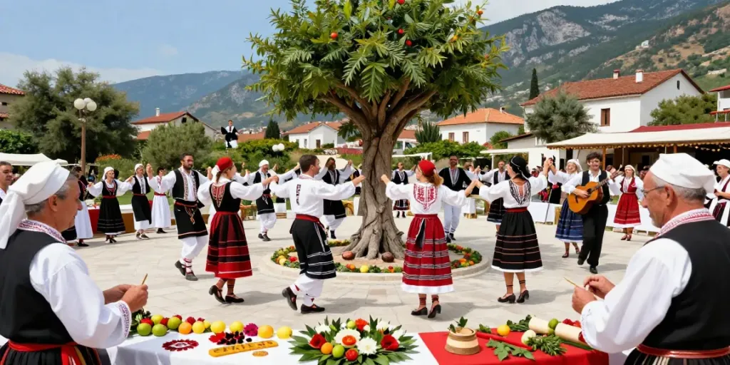 Εορταστική σκηνή ελληνικής παράδοσης με χορούς γύρω από το Δέντρο των Παραδόσεων, προβάλλοντας τις Ellados Paradoseis.