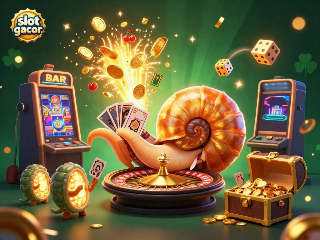 Experience slot gacor excitement with a dynamic illustration showcasing a giant nautilus and casino elements.