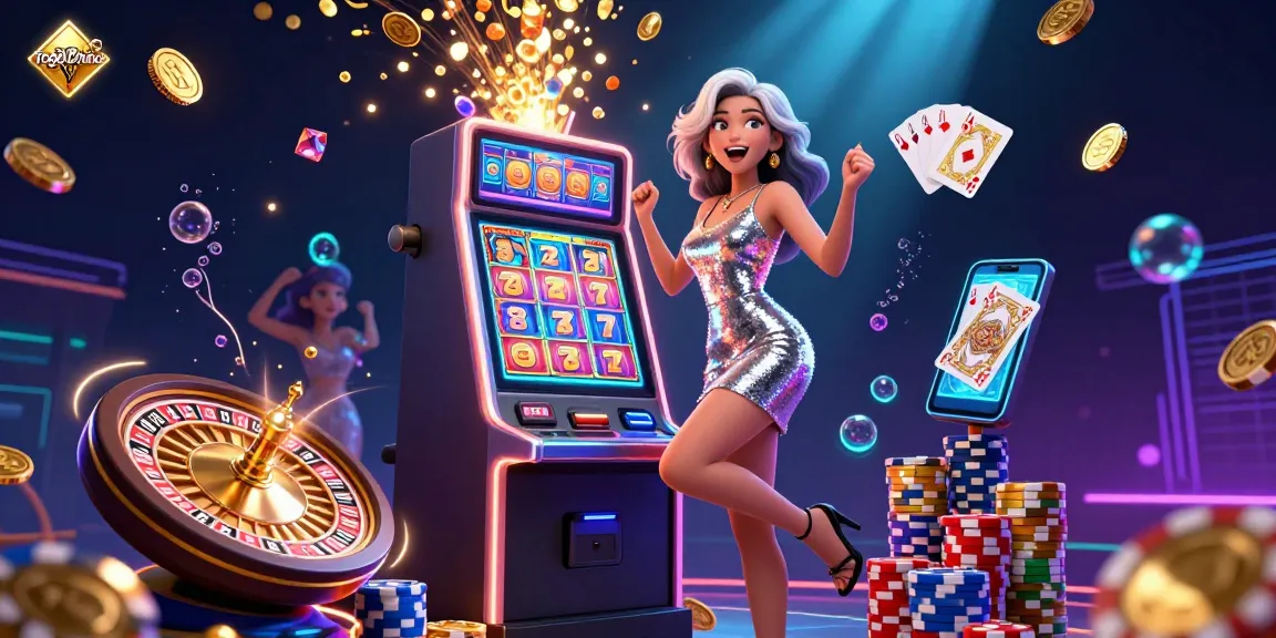 Engage with Togel Online in a vibrant casino scene featuring celebratory characters and dynamic game elements.