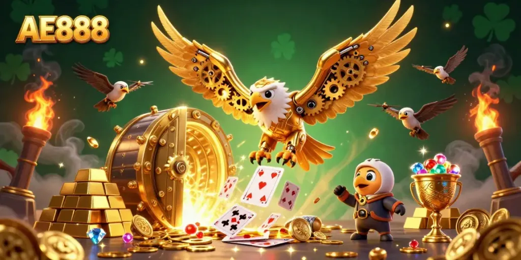 Experience the thrill of AE888 with dynamic characters amidst a vibrant casino atmosphere, highlighting excitement.