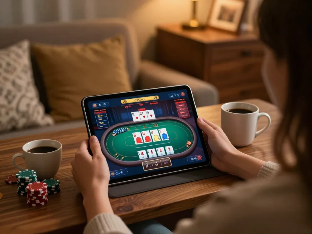 Engaging in an online u888 casino game using a tablet with poker interface displayed