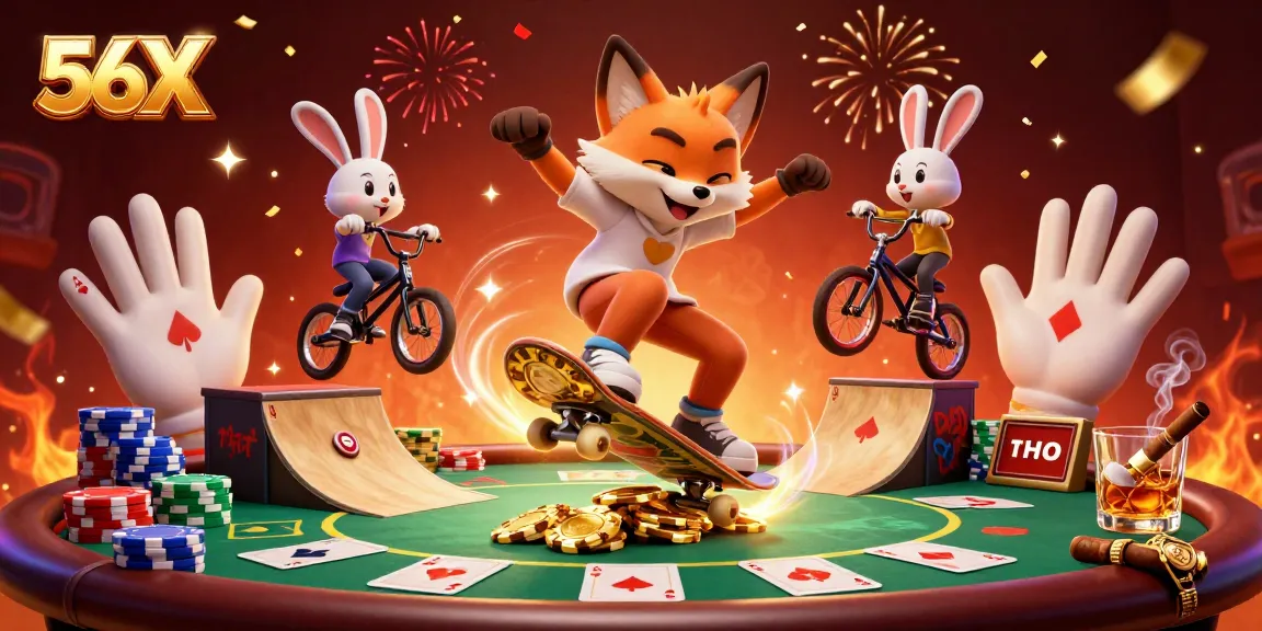 Experience thrilling action at 56X with a skateboarder fox and BMX rabbit in a vibrant casino scene.