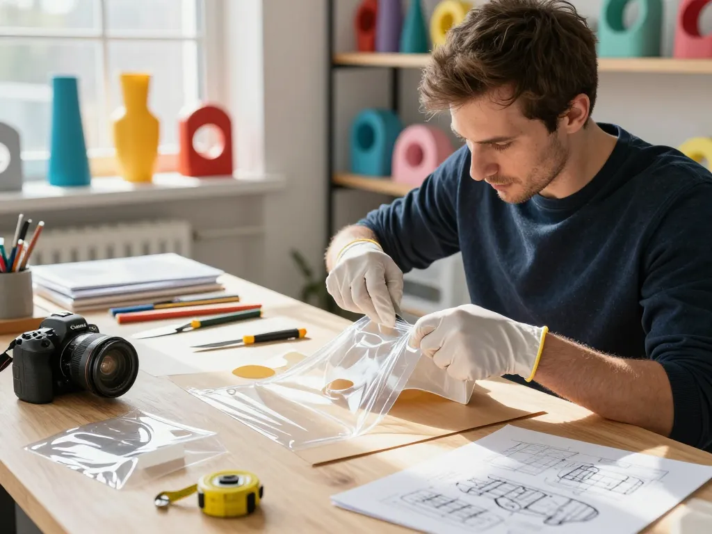 Detailed process of cách bóc giấy ép plastic demonstrated in a modern design studio, showcasing tools and prototypes.