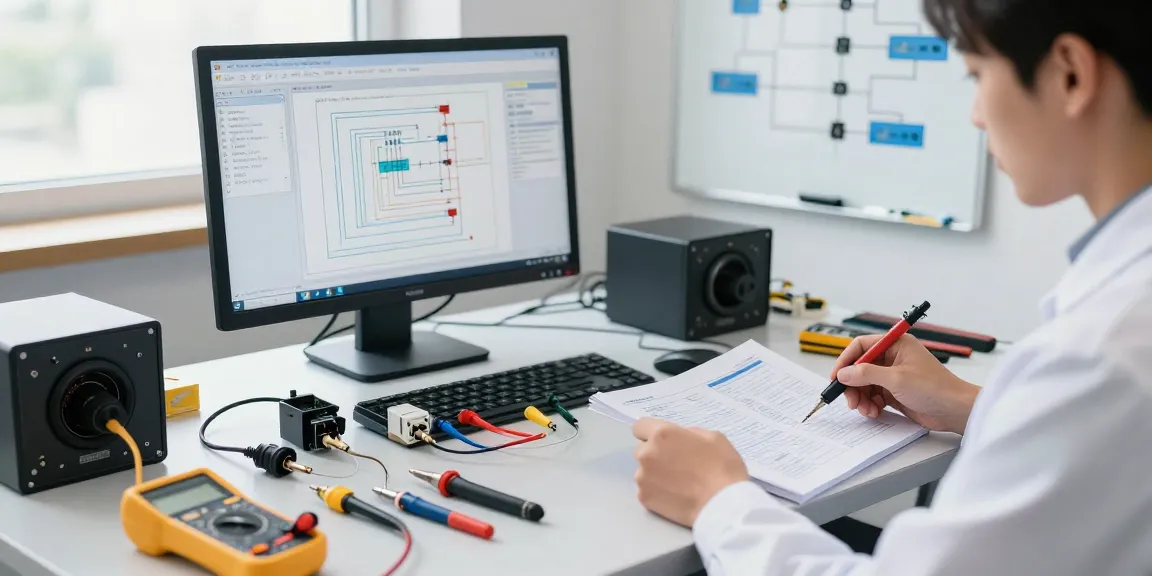 Technician assembling IEC connectors on a modern workspace, showcasing engineering precision and electrical components.