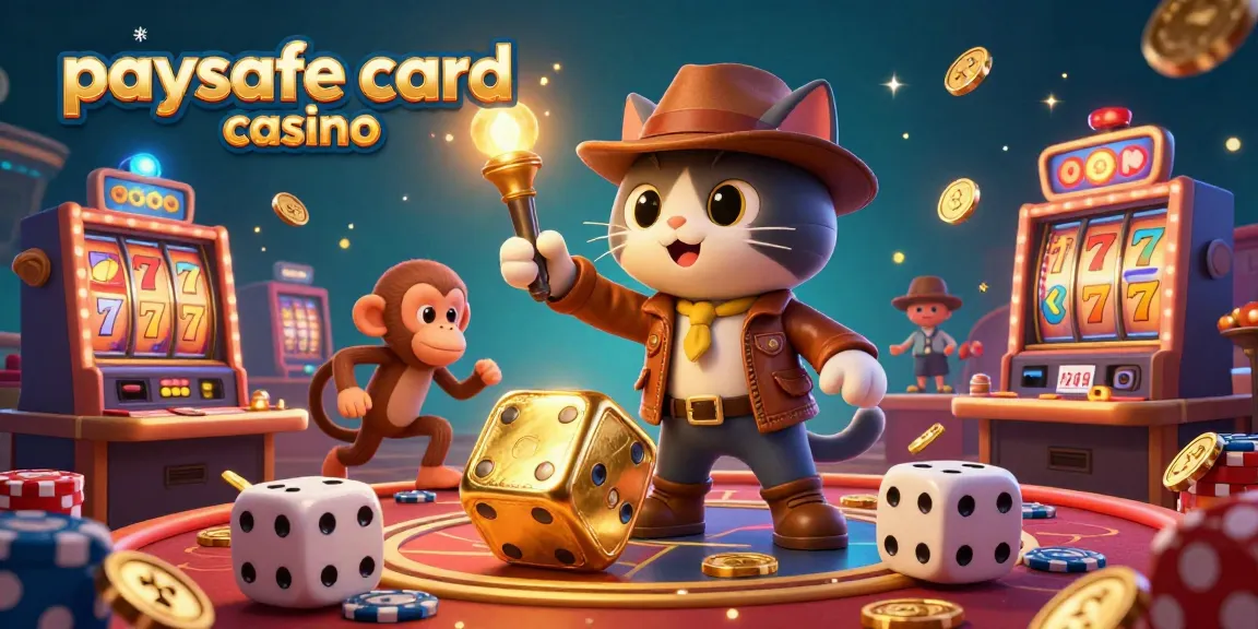 Paysafe Card Casino mit einem Katzenarchäologen und seinem Affenbegleiter inmitten einer lebendigen Casino-Szene.