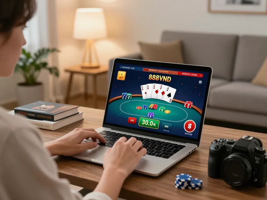 Engaging with 888vnd's online poker game in a cozy home environment, showcasing lively gameplay.