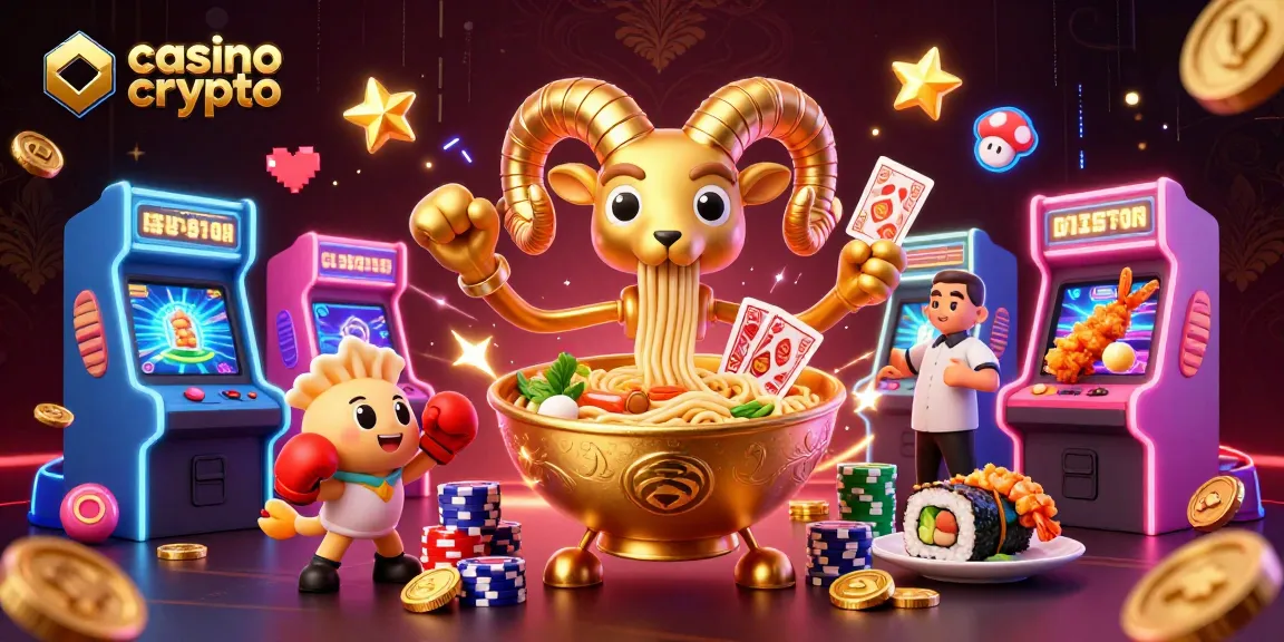 Jouer au casino crypto avec des personnages ludiques comme un bol de ramen doré et des jeux dynamiques.