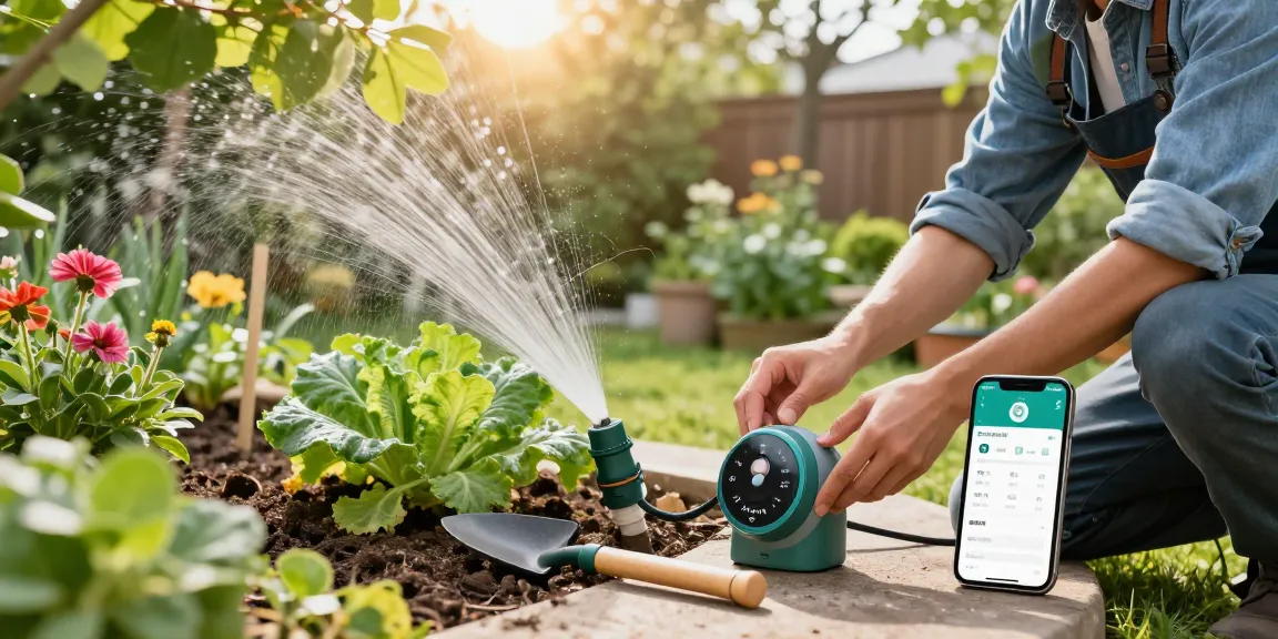 Gardener using a rainpoint water timer to automate watering in a vibrant garden.