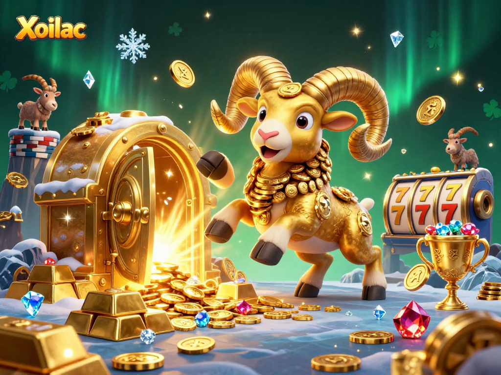 Xoilac players celebrate with golden rewards and slot machines in a vibrant casino scene.