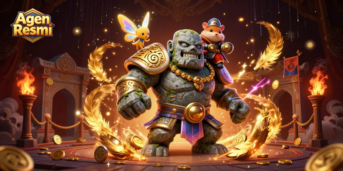 Agen Resmi unveils a thrilling fantasy scene with a golem guardian, magical fairy, and brave hamster knight, surrounded by rich gaming elements.