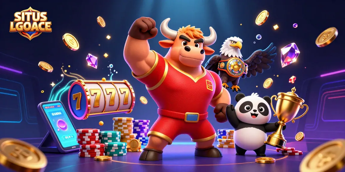 SITUS LGOACE promotes exciting gameplay featuring a bull mascot, eagle, and panda with casino elements.