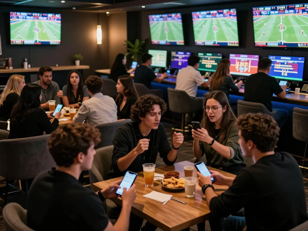 Fans engaging in strategic sports betting at a lively lounge showcasing impactxoft analysis in action