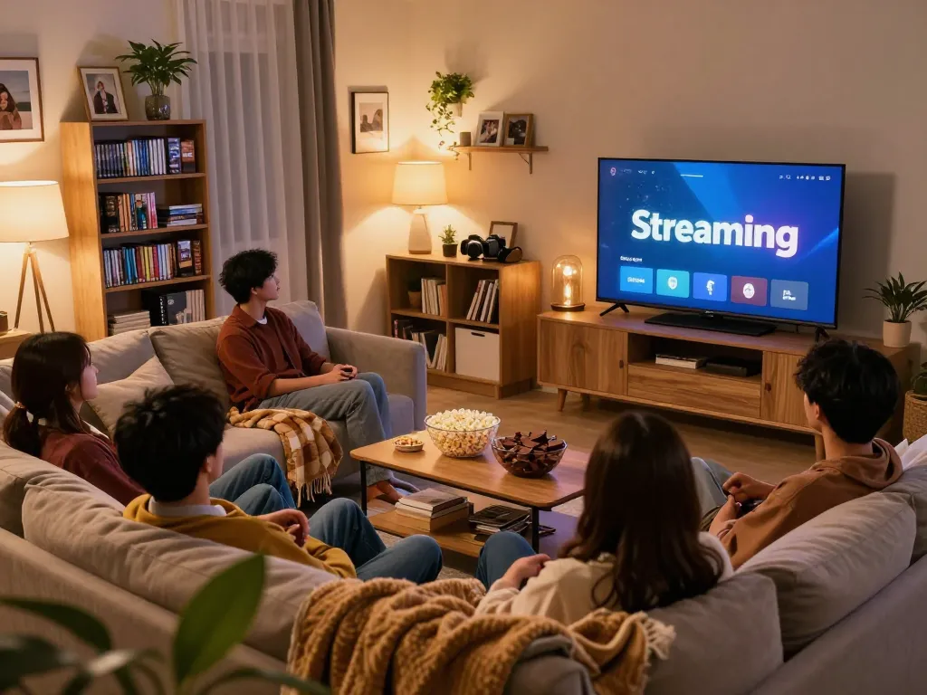 Cozy living room movie night with friends enjoying top 7 shows binge worthy shows on a large screen.