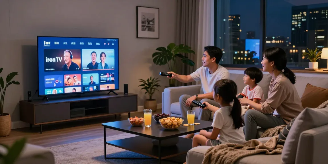 Family enjoying a cozy movie night with Iron TV streaming channels