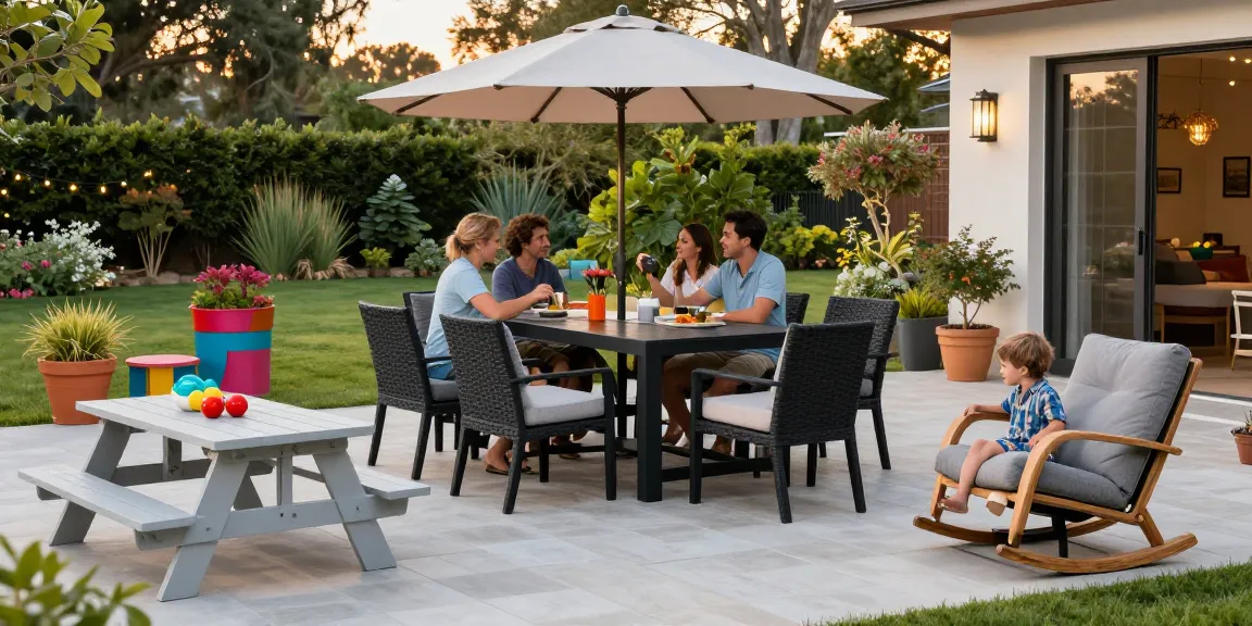 Modern patio furniture in a family-friendly outdoor setting with a stylish dining set and cozy seating.