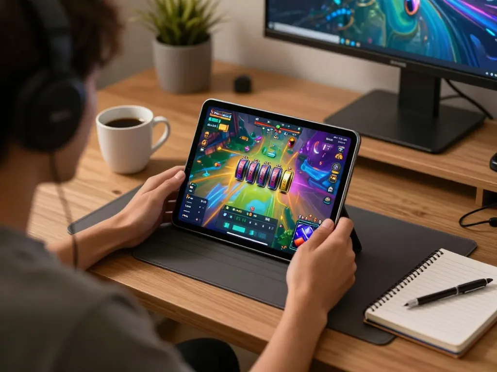No hu gameplay on tablet while seated in a cozy home office, showcasing the online gaming experience.