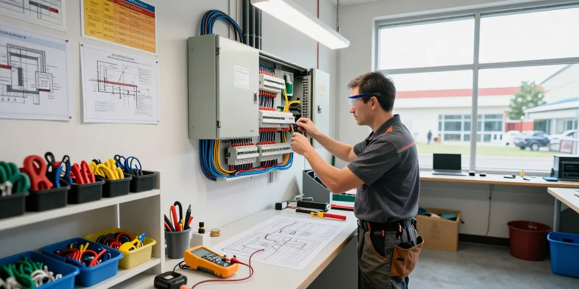 Electrician certification guide in a vibrant workshop with an electrician inspecting panels and tools.