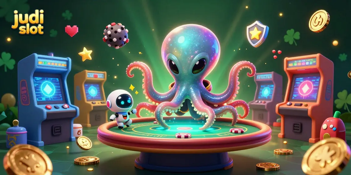 Engage with judi slot in a vibrant 3D casino illustration featuring an alien octopus and colorful game elements.