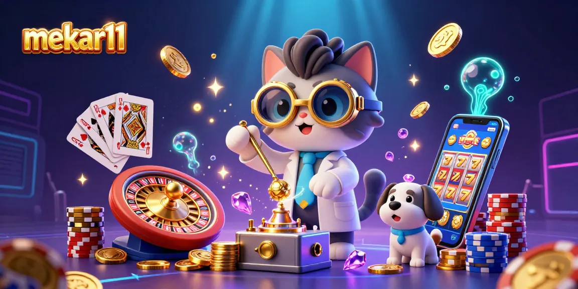 Mekar11 showcases thrilling online slot action with a mad scientist cat and dog in a vibrant casino scene.
