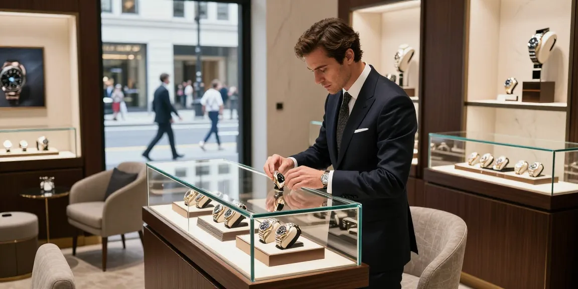 Explore a refined scene showcasing rolex super clone watches in a sophisticated boutique, perfect for luxury watch enthusiasts.