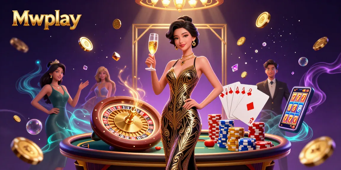 Mwplay offers an exciting casino experience featuring a glamorous Asian woman celebrating her wins amidst sparkling casino elements.