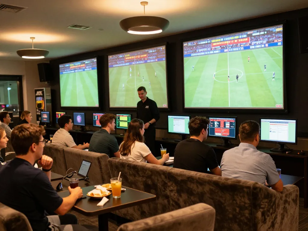 go8 bettors analyzing Bundesliga odds in an upscale casino sports lounge.