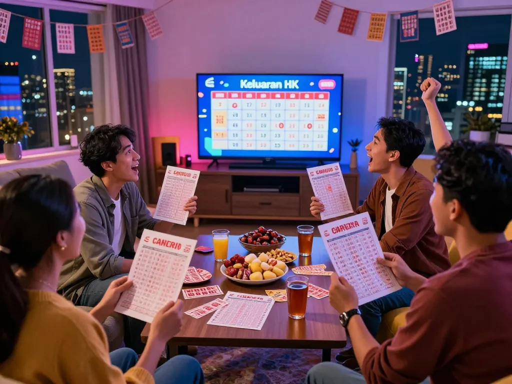 Keluaran HK results excitement as bettors gather around a TV in a lively setting.