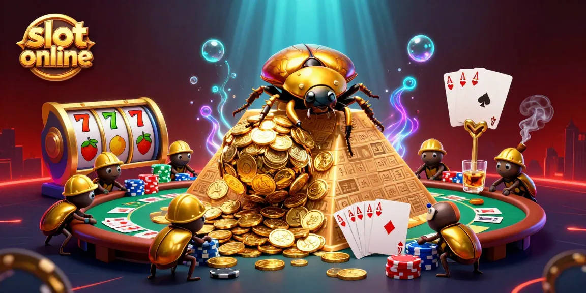 Bet on slot online with a vibrant scene of golden beetles amidst casino symbols and poker chips.