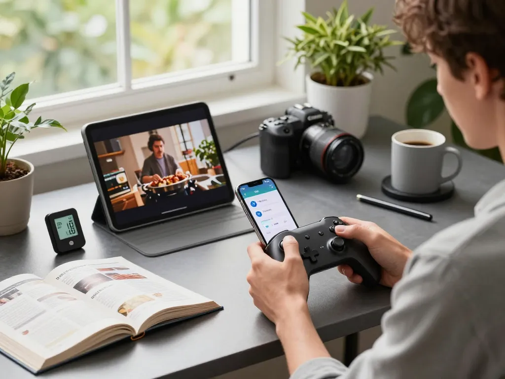 A person utilizing unique tech gadgets like the 8BitDo Ultimate 2 controller and Chef iQ thermometer in a modern tech workspace.