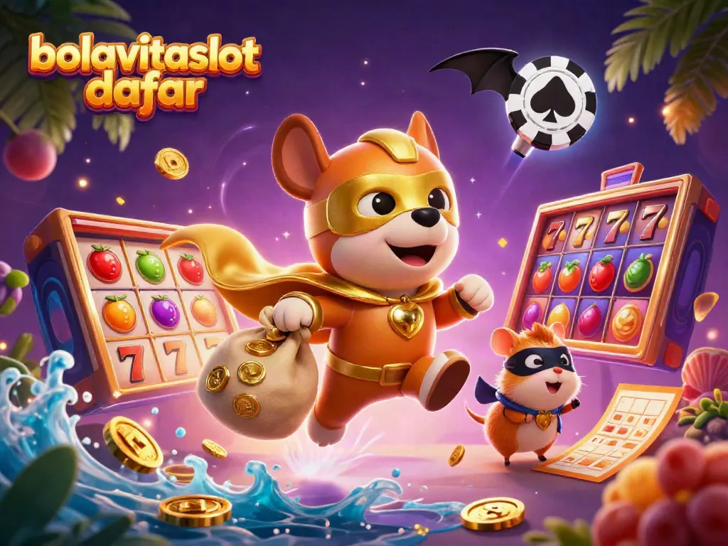 BOLAVITASLOT daftar illustration featuring a superhero dog flying, surrounded by dynamic casino elements and vivid effects.