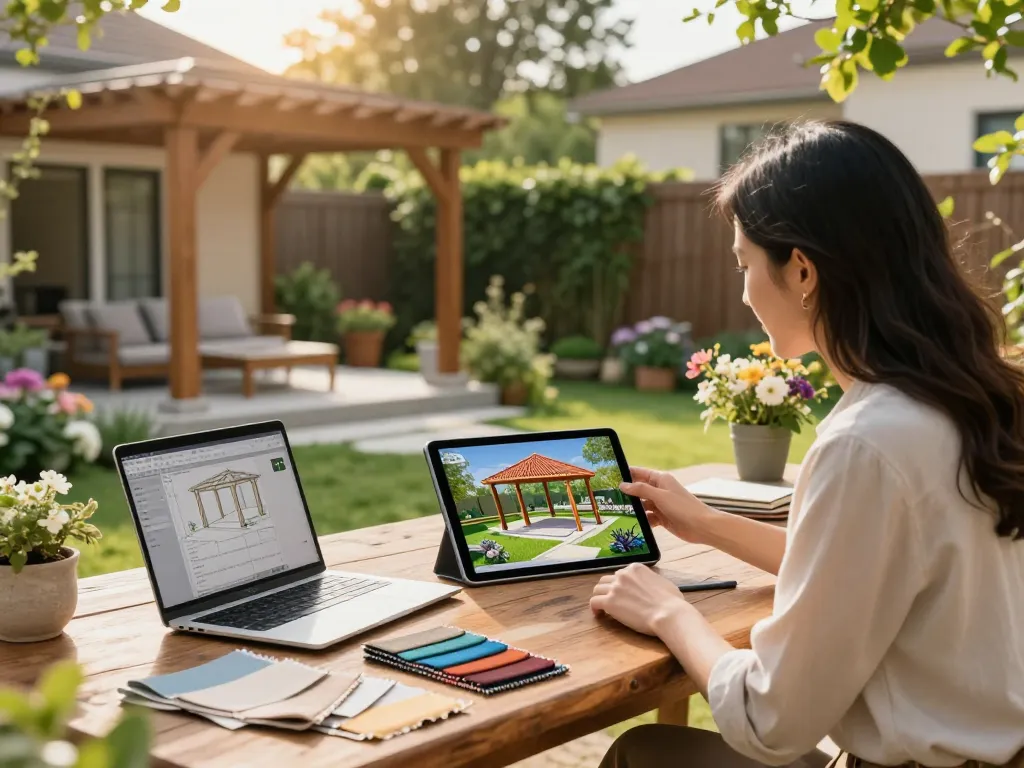 Engaging interaction showing a landscape designer using Pergola Sales Software to customize a pergola design with a client.