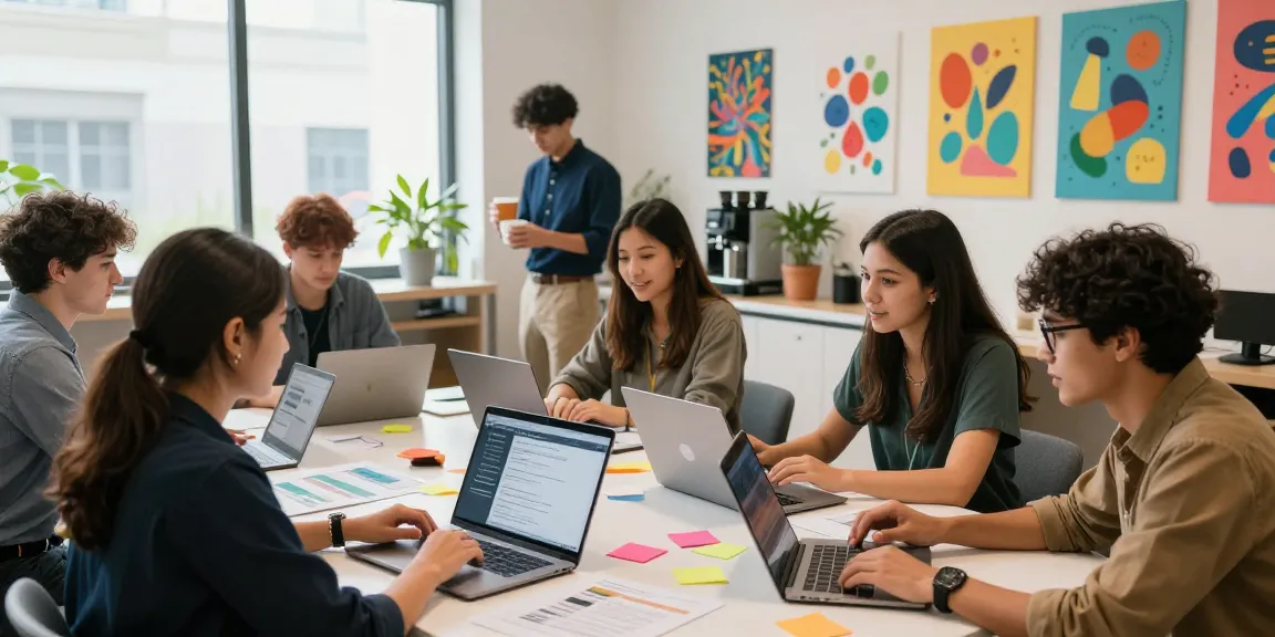 University and trade schools graduates networking in a vibrant co-working space filled with natural light, laptops and portfolios visible.