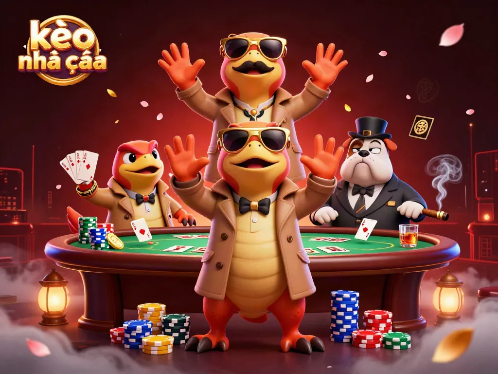 Kèo nhà cái provides engaging betting insights with cartoon raptors humorously entering a casino, enhancing player experience.
