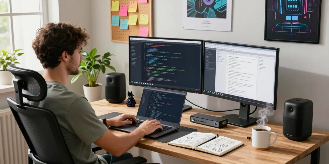 Developer utilizing clawbot in a modern home office, showcasing dual monitors, tech setup, and vibrant workspace.
