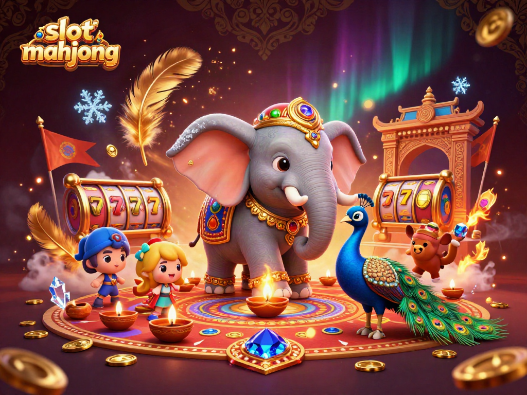 Play slot mahjong with our colorful 3D carnival illustration featuring festive gambling elements.