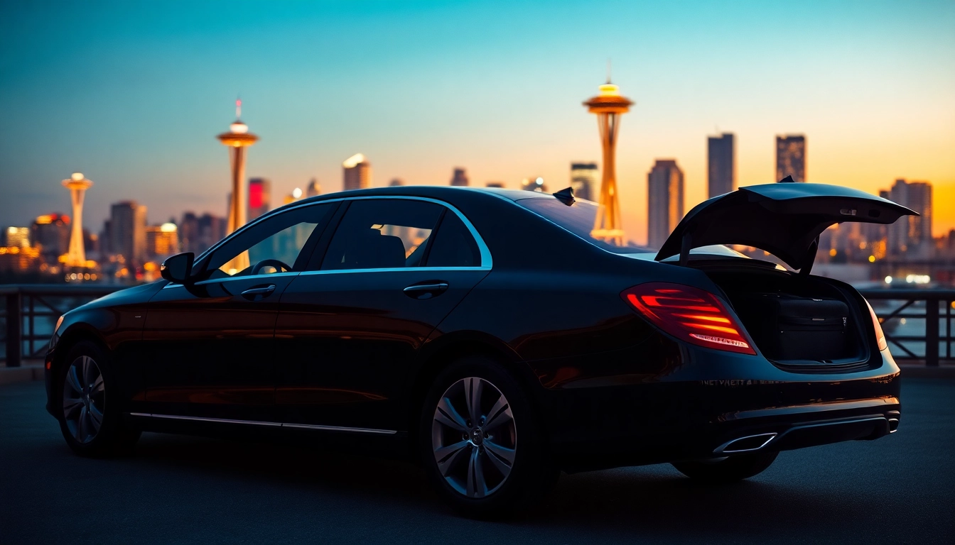 Experience a car service from Vancouver to Seattle with a luxury sedan poised against a city skyline.