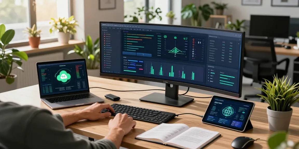 Scene highlighting green energy cloud mining in a professional office with blockchain displays and renewable energy focus.