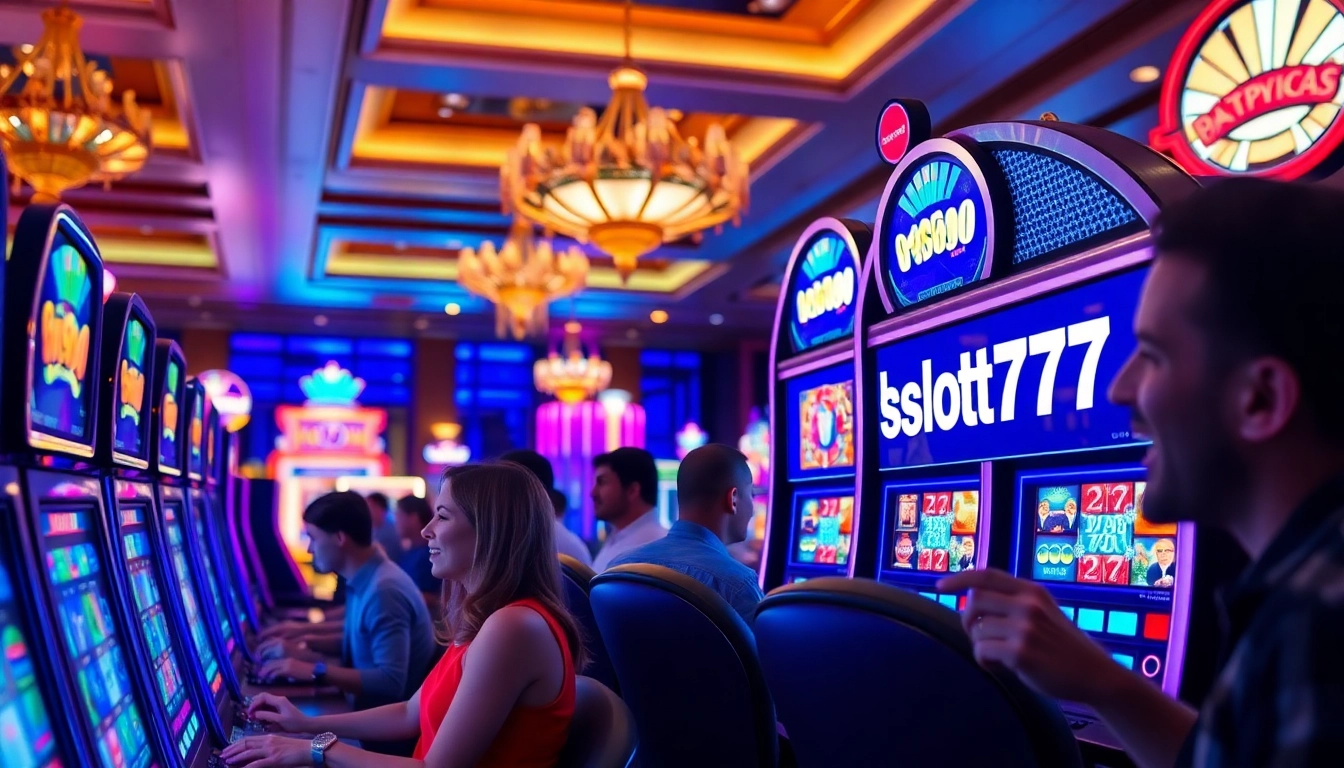 Menangkan permainan slot777 dengan pemain excited di kasino yang bersinar.